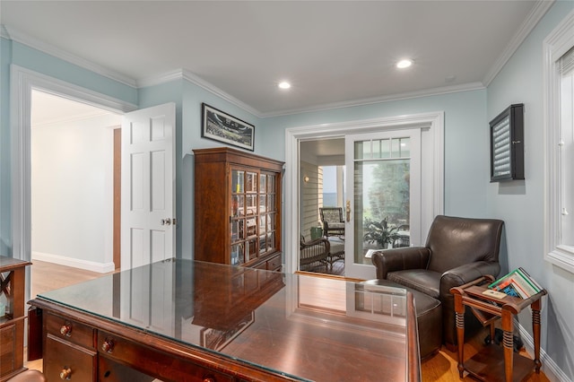 4510 Peconic Bay Blvd, Laurel, NY 11948 - office area with light wood-style flooring, crown molding, and recessed lighting