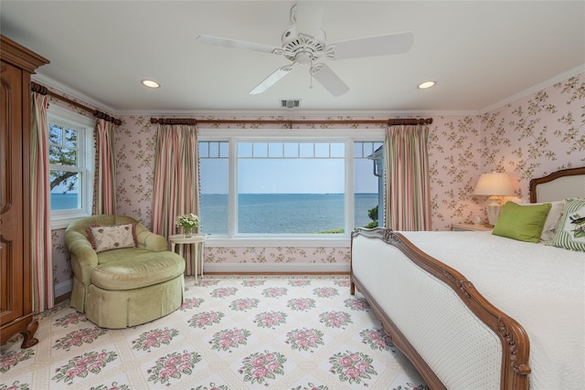 4510 Peconic Bay Blvd, Laurel, NY 11948 - bedroom featuring crown molding, a water view, wallpapered walls, recessed lighting, and a ceiling fan