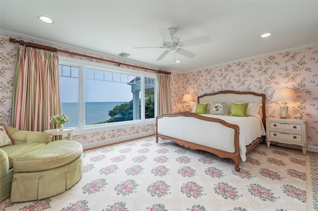 4510 Peconic Bay Blvd, Laurel, NY 11948 - bedroom featuring wallpapered walls, crown molding, a water view, recessed lighting, and ceiling fan