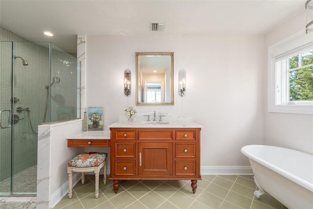 4510 Peconic Bay Blvd, Laurel, NY 11948 - bathroom with a soaking tub, a stall shower, vanity, and tile patterned floors