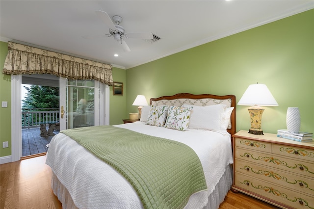 4510 Peconic Bay Blvd, Laurel, NY 11948 - bedroom featuring access to exterior, crown molding, wood finished floors, a ceiling fan, and recessed lighting