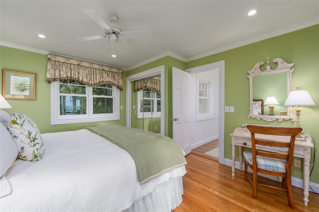 4510 Peconic Bay Blvd, Laurel, NY 11948 - bedroom with light wood-type flooring, ornamental molding, recessed lighting, and ceiling fan