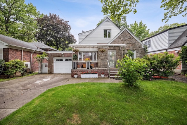 213-09 64th Ave, Oakland Gardens, NY 11364 - view of front of house with an attached garage, a front lawn, driveway, and stone siding