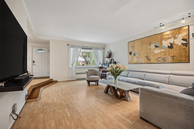 213-09 64th Ave, Oakland Gardens, NY 11364 - living area with radiator heating unit, light wood-type flooring, and ornamental molding