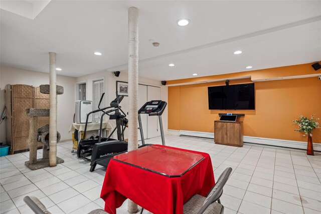 213-09 64th Ave, Oakland Gardens, NY 11364 - exercise room with baseboard heating, recessed lighting, and light tile patterned floors