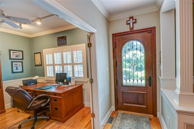 122 Cambon Ave, Saint James, NY 11780 - home office featuring ceiling fan, light wood-style flooring, track lighting, crown molding, and decorative columns