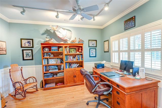 122 Cambon Ave, Saint James, NY 11780 - home office featuring rail lighting, light wood finished floors, wainscoting, a ceiling fan, and ornamental molding