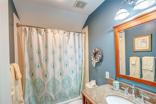 122 Cambon Ave, Saint James, NY 11780 - full bath with vanity, vaulted ceiling, and shower / bathtub combination with curtain