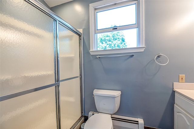 122 Cambon Ave, Saint James, NY 11780 - full bathroom featuring a baseboard heating unit, vanity, and a shower stall