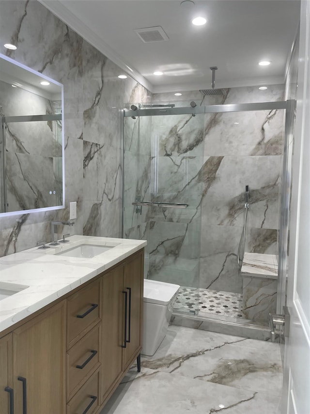 503 Nassau Ave, Freeport, NY 11520 - full bathroom with a marble finish shower, double vanity, marble tiled flooring, and recessed lighting