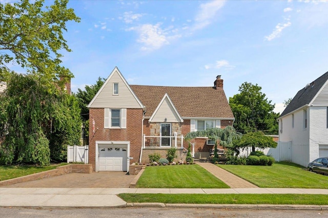 17 Acorn Rd, East Rockaway, NY 11518 - view of front of home featuring decorative driveway, brick siding, an attached garage, and a chimney
