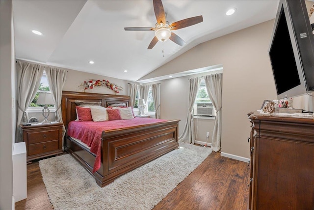 17 Acorn Rd, East Rockaway, NY 11518 - bedroom with cooling unit, vaulted ceiling, dark wood finished floors, recessed lighting, and ceiling fan
