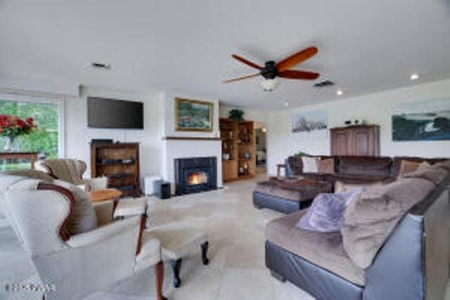 312 E Ann St, Milford, PA 18337 - living room featuring a fireplace with flush hearth, ceiling fan, and recessed lighting