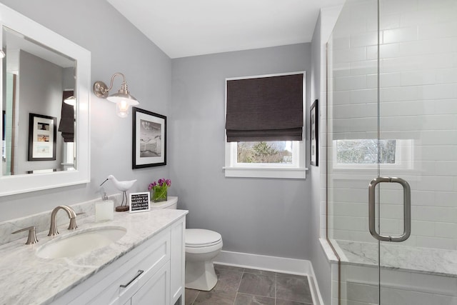 91 Howell St, Southampton, NY 11968 - full bathroom featuring vanity, a stall shower, and marble look tile flooring