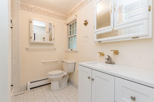 2 Demarest Rd, Chestnut Ridge, NY 10977 - bathroom featuring a baseboard heating unit, vanity, a shower, and tile patterned flooring