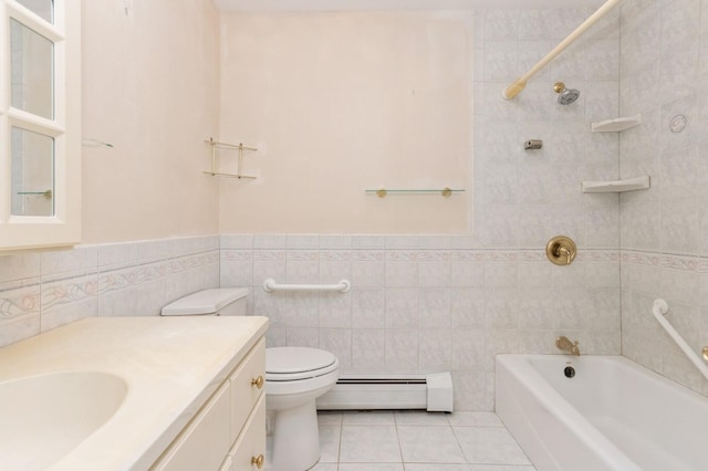2 Demarest Rd, Chestnut Ridge, NY 10977 - bathroom featuring a baseboard heating unit, tile walls, vanity, tile patterned flooring, and a wainscoted wall