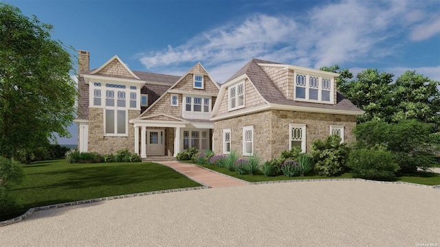 71 Lake Rd, Manhasset, NY 11030 - shingle-style home featuring stone siding, a chimney, and a front lawn