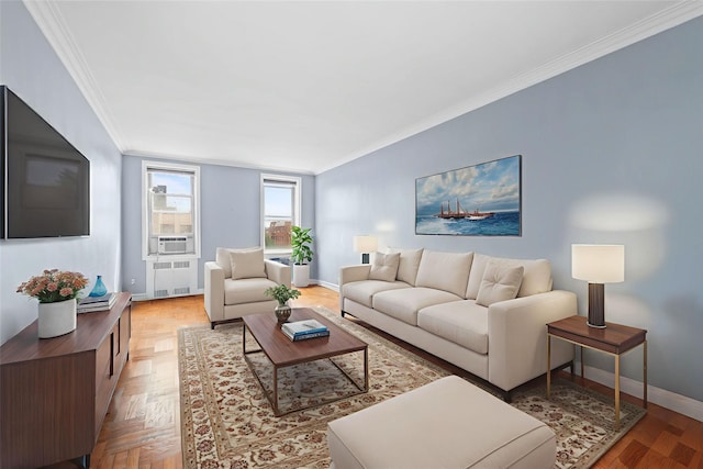 9437 Shore Rd Unit E6, Brooklyn, NY 11209 - living area featuring radiator heating unit, crown molding, and cooling unit