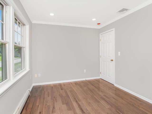 237 Brady Ave, Hawthorne, NY 10532 - unfurnished room featuring baseboard heating, ornamental molding, wood finished floors, and recessed lighting