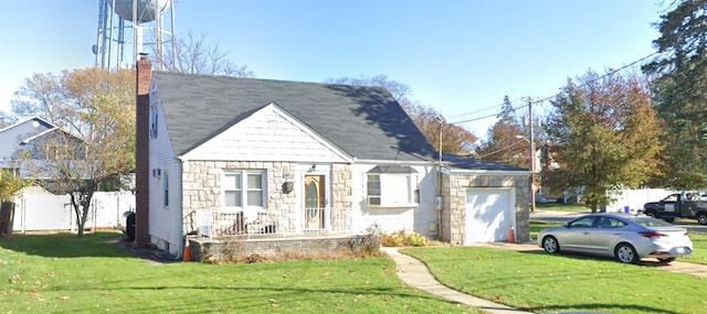 58 Weberfield, Freeport, NY 11520 - view of front of house with a garage, stone siding, a front lawn, a chimney, and driveway