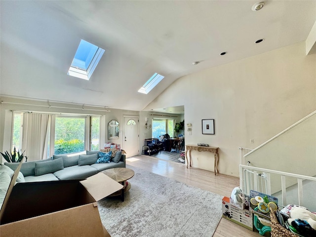 48 Marlene Dr, Syosset, NY 11791 - living room with a skylight, light wood-style flooring, and high vaulted ceiling