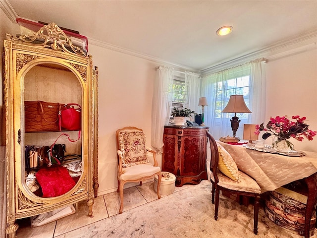 48 Marlene Dr, Syosset, NY 11791 - living area featuring ornamental molding and tile patterned flooring