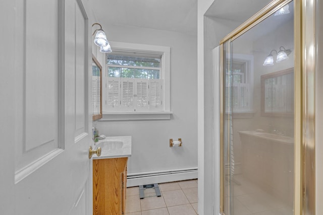 2 Gerri Ct, Wallkill, NY 12589 - full bathroom with a baseboard radiator, vanity, tile patterned floors, and a stall shower
