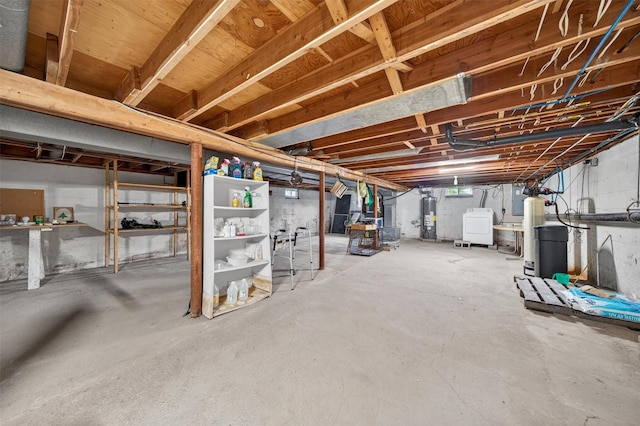 11 Seth Dr, New Hampton, NY 10958 - unfinished basement featuring water heater, washer / dryer, and a water softener system