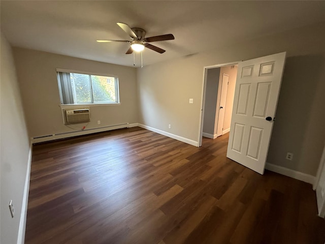 77 Adams Rd Unit 1D, Central Islip, NY 11722 - unfurnished bedroom featuring a baseboard radiator, dark wood finished floors, ceiling fan, and a wall mounted AC