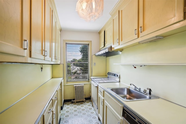 9 Bacon Ct, Bronxville, NY 10708 - kitchen with radiator heating unit, range with electric stovetop, light countertops, and under cabinet range hood