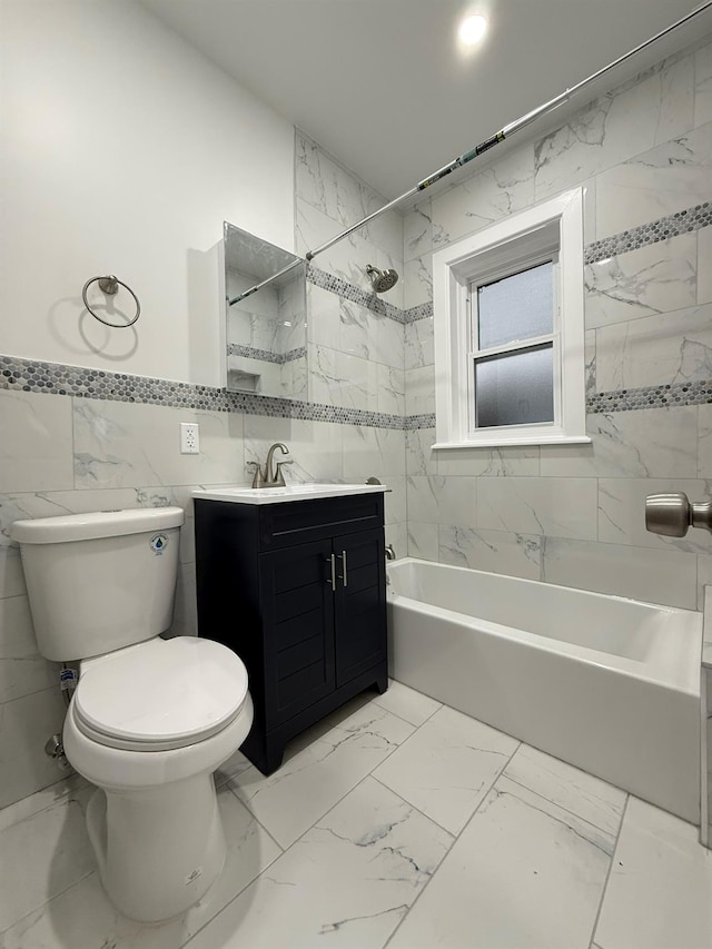 4223 Boyd Ave, Bronx, NY 10466 - full bath featuring vanity, marble look tiles, tile walls, and shower / bathtub combination