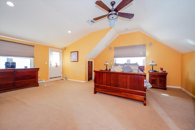 3478 Woodward St, Oceanside, NY 11572 - carpeted bedroom featuring vaulted ceiling, multiple windows, recessed lighting, a baseboard heating unit, and ceiling fan