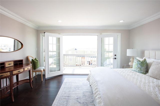 102 Surf Rd, Lindenhurst, NY 11757 - bedroom with access to exterior, dark wood-style floors, ornamental molding, and recessed lighting
