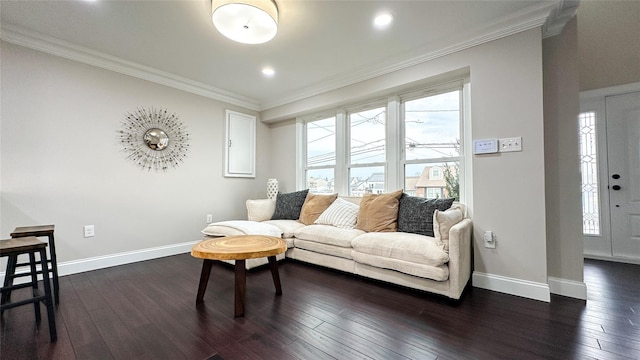 102 Surf Rd, Lindenhurst, NY 11757 - living area featuring crown molding, dark wood-type flooring, and recessed lighting