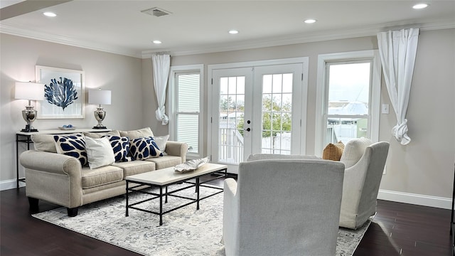 102 Surf Rd, Lindenhurst, NY 11757 - living room with dark wood-type flooring, french doors, crown molding, and recessed lighting