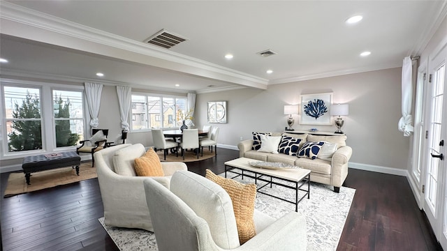 102 Surf Rd, Lindenhurst, NY 11757 - living room featuring recessed lighting, dark wood-style flooring, and ornamental molding