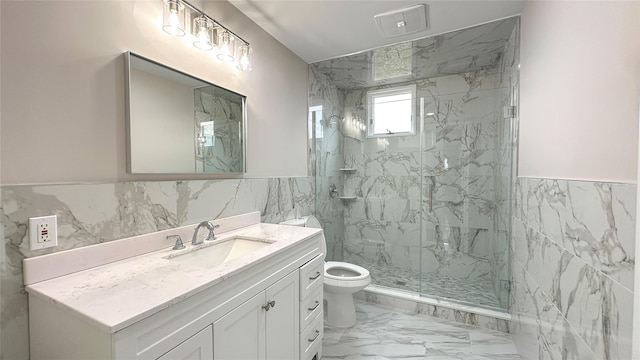 102 Surf Rd, Lindenhurst, NY 11757 - full bath with tile walls, vanity, a marble finish shower, marble finish floors, and wainscoting