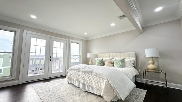 102 Surf Rd, Lindenhurst, NY 11757 - bedroom featuring access to outside, french doors, dark wood-style flooring, recessed lighting, and ornamental molding