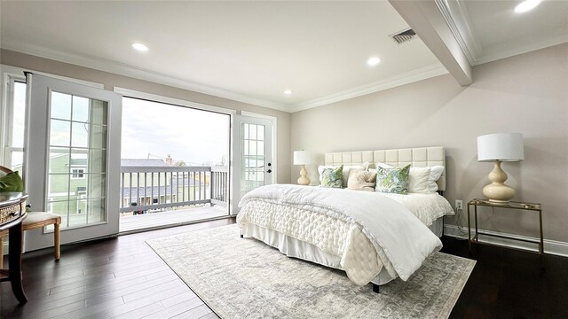 102 Surf Rd, Lindenhurst, NY 11757 - bedroom with access to outside, dark wood finished floors, recessed lighting, and crown molding