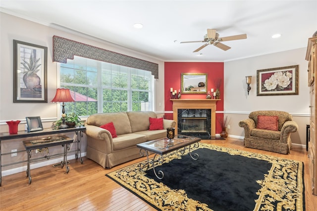 17 Meadow Pond Cir, Miller Place, NY 11764 - living room with ornamental molding, a ceiling fan, hardwood / wood-style floors, a high end fireplace, and recessed lighting