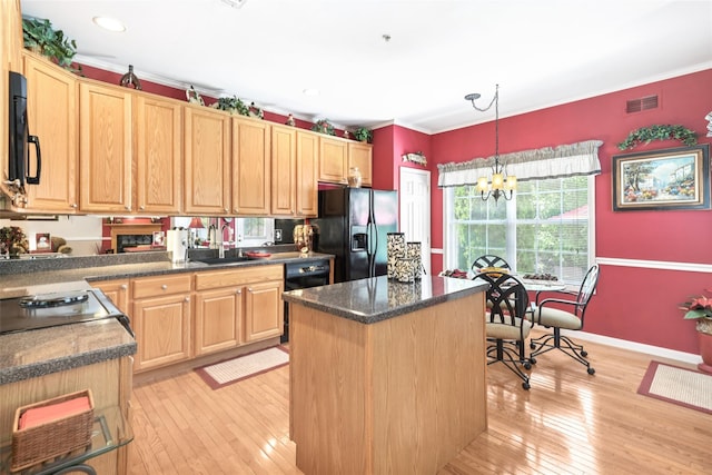 17 Meadow Pond Cir, Miller Place, NY 11764 - kitchen featuring black appliances, light brown cabinets, light wood finished floors, ornamental molding, and recessed lighting