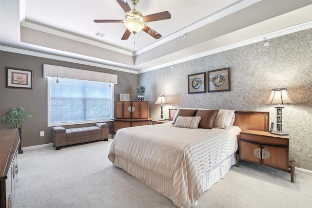 17 Meadow Pond Cir, Miller Place, NY 11764 - carpeted bedroom featuring a tray ceiling, ornamental molding, and ceiling fan