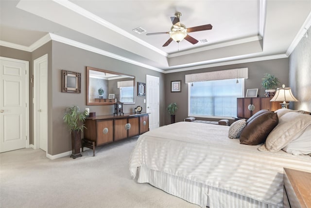 17 Meadow Pond Cir, Miller Place, NY 11764 - bedroom with a tray ceiling, light carpet, ornamental molding, and ceiling fan