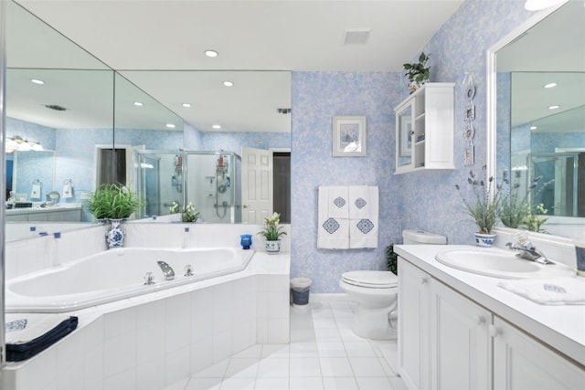 17 Meadow Pond Cir, Miller Place, NY 11764 - full bathroom with wallpapered walls, a stall shower, a garden tub, vanity, and tile patterned flooring