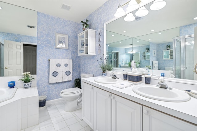 17 Meadow Pond Cir, Miller Place, NY 11764 - full bathroom with wallpapered walls, double vanity, a bath, a stall shower, and tile patterned floors