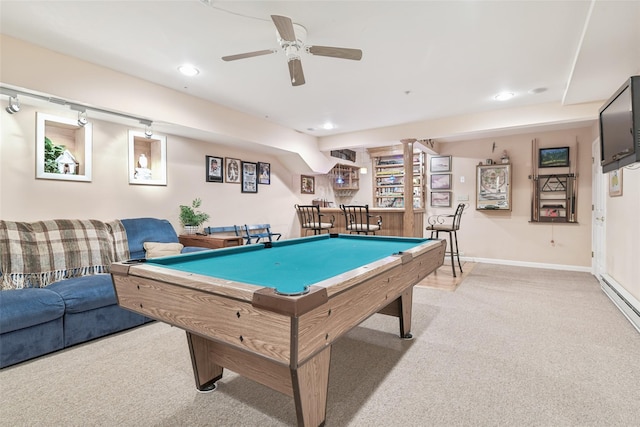 17 Meadow Pond Cir, Miller Place, NY 11764 - game room with light carpet, a bar, recessed lighting, a ceiling fan, and pool table