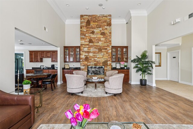 17 Meadow Pond Cir, Miller Place, NY 11764 - living area with a towering ceiling, crown molding, wood finished floors, and a fireplace