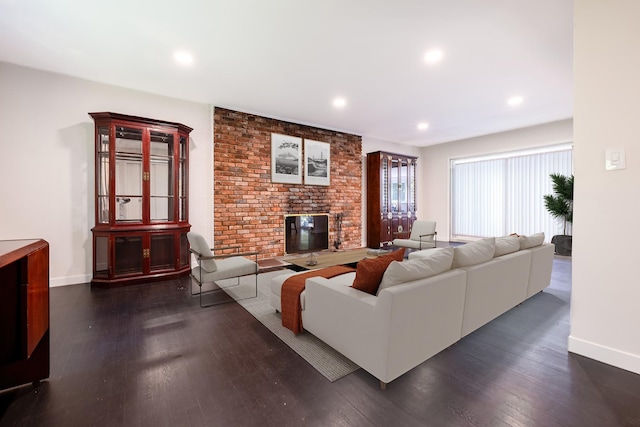 29 Meadow Ln, Chappaqua, NY 10514 - living area featuring a brick fireplace, dark wood-style floors, and recessed lighting