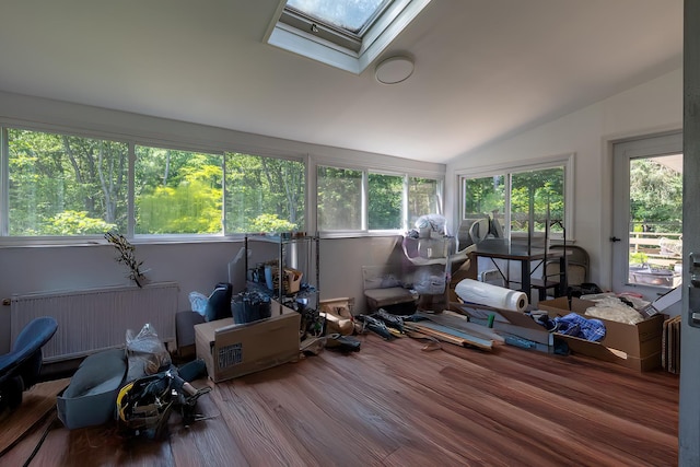 29 Meadow Ln, Chappaqua, NY 10514 - sunroom with a skylight, radiator heating unit, lofted ceiling, and wood finished floors