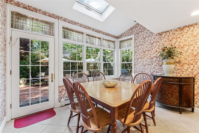 42 Roxen Rd, Rockville Centre, NY 11570 - dining room featuring wallpapered walls, light tile patterned flooring, healthy amount of natural light, a skylight, and vaulted ceiling